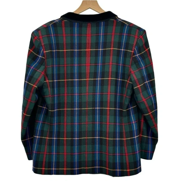 Vintage Women's Blazer Scotch House Wool Cashmere Holiday Plaid Velvet Trim | L - Picture 2 of 12